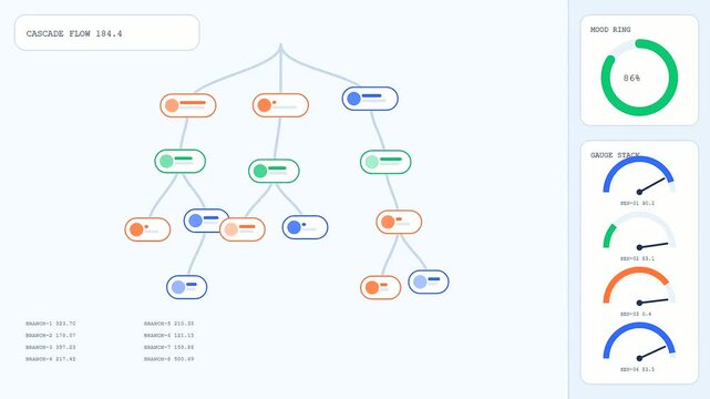 Digital sentiment analysis dashboard featuring multiple circular gauges and hierarchical tree diagrams showing statistical data flow on a light blue interface screen for modern corporate reporting