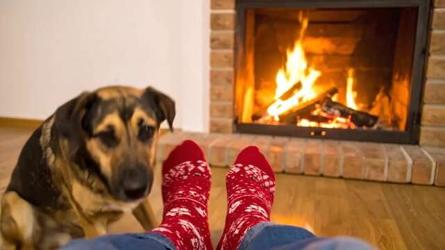Dog sitting next to a person's feet wearing warm patterned socks in front of a burning fireplace