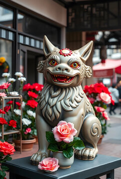 Traditional chinese foo dog statue with vibrant red and pink flowers in an urban setting, the mythical guardian creature, a symbol of protection and prosperity
