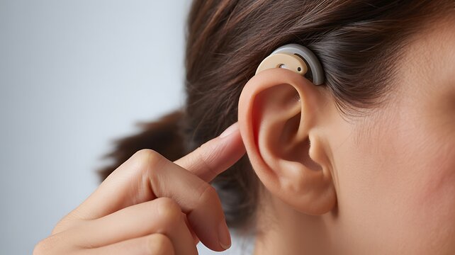 Close up view of a woman adjusting a discreet behind-the-ear hearing aid device for improved auditory clarity