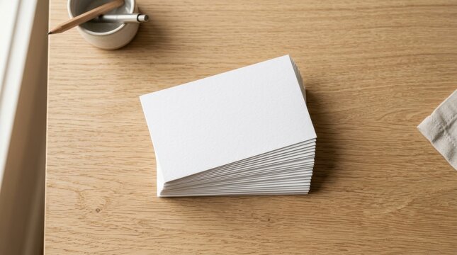 Minimalist blank postcard mockup on wooden desk, stack of white paper cards for stationery design, clean aesthetic workspace with natural light