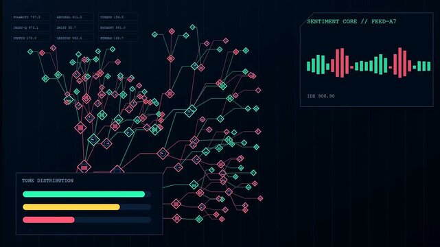 Digital displays showing a sentiment analysis interface with branching tree structures and vertical sound wave frequency bars on a dark grid pattern motion graphic screen