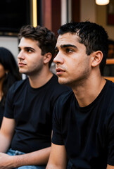 Obraz premium Young adult man with dark hair and stubble looking intently to the right, focused expression in a group setting