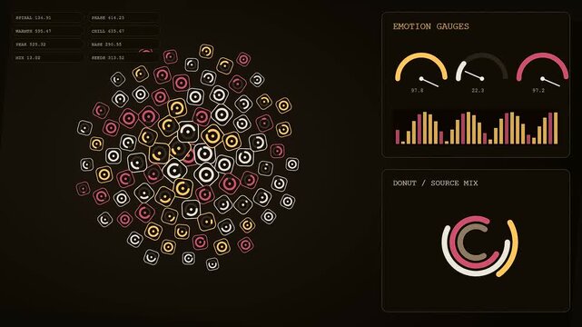 Digital sentiment analysis represented through animated circular gauges and expanding clusters of colored geometric particles displayed on a dark interface for data processing and tracking software