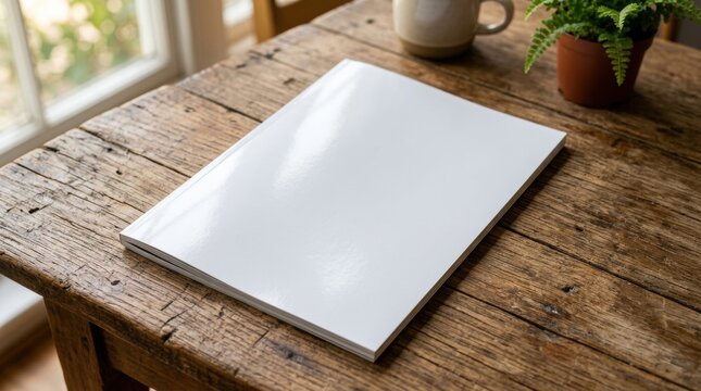 Blank white magazine mockup on rustic wooden table, minimalist book cover template in cozy home office, clean paper brochure on wood desk