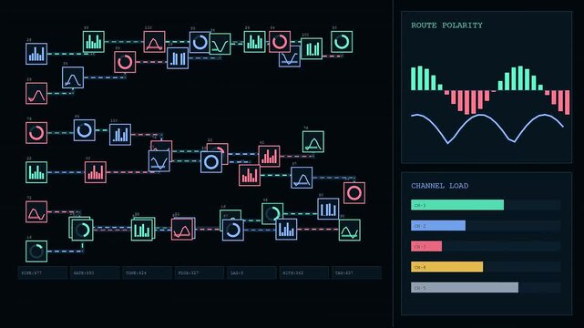 Digital sentiment analysis displays show complex nodes and oscillating waves within a dark interface featuring fluctuating channel levels for modern data monitoring and network diagnostic operations