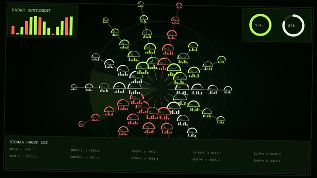 the process of sentiment analysis displays on a dark monitor showing multiple radial data nodes flickering as digital patterns expand across the screen during observation