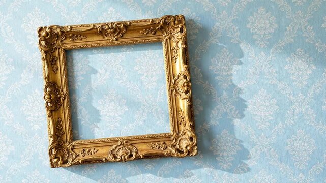 Empty Ornate Gold Vintage Picture Frame on Blue Damask Patterned Wall