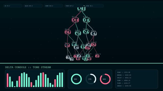 Complex sentiment analysis algorithms visualize streaming data patterns through evolving tree diagrams and pulsing neon bar graphs displayed on a dark virtual laboratory software interface