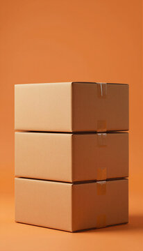 A vertical stack of three cardboard boxes on plain background