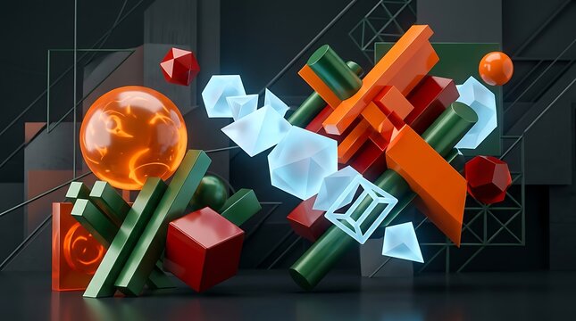 Abstract 3D Geometric Sculpture with Glowing Orange Sphere and Crystalline Forms