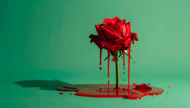 A vibrant red rose, with petals slightly open, has a crimson liquid dripping from it against a turquoise backdrop