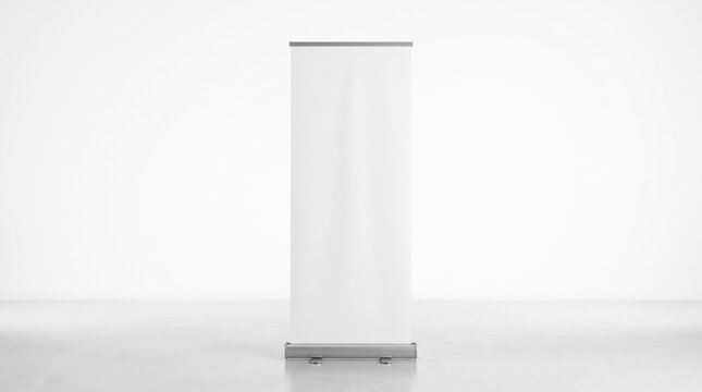 Blank roll up banner mockup in bright studio, vertical white pull up banner stand, minimalist advertising display for trade shows and exhibitions