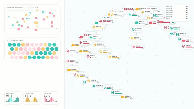 A digital sentiment analysis dashboard displays shifting network patterns as nodes connect and organize within a glowing interface showing evolving clusters of data and information flows