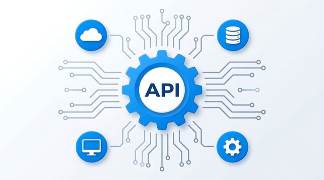 API system integration concept with blue gear and circuit connections to cloud and database icons