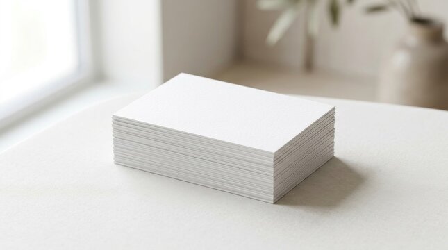 Minimalist business card mockup, stack of blank white paper cards on desk, elegant stationery template for corporate branding and identity design