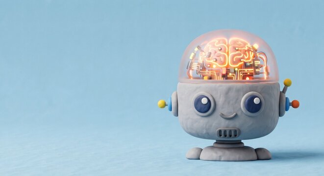 Minimalist 3D claymation style cute robot head with a glowing brain