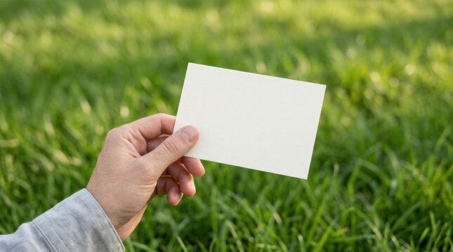 Blank white business card held by hand over green grass, empty paper mockup for eco-friendly branding, minimalist card template in natural outdoor setting
