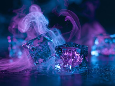Cubes of ice illuminated by pink and blue light with swirling smoke