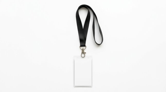 Blank white ID card mockup with black lanyard, vertical plastic badge holder on white background, corporate identification tag for event staff
