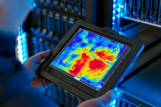 Technician uses tablet to analyze thermal imaging of server room equipment