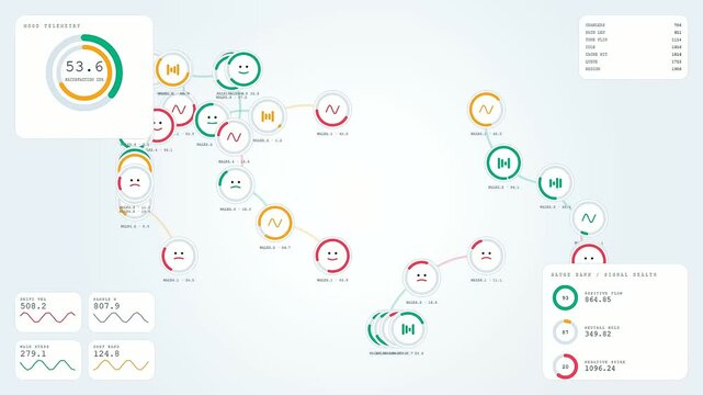 Digital sentiment analysis dashboard shows interconnected circular nodes with evolving emotional faces and shifting statistical values in a fluid network of data points on light blue