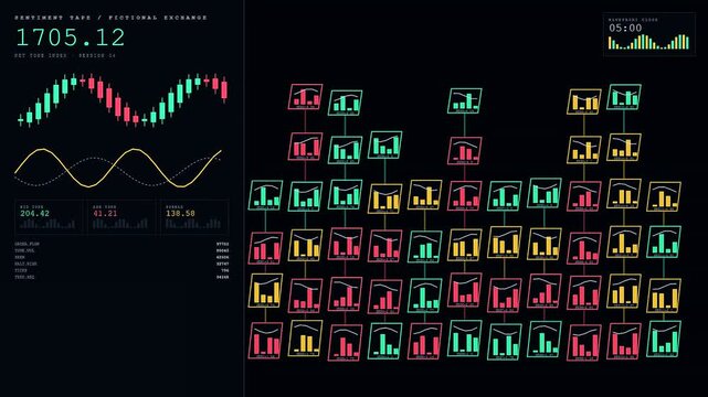 Digital sentiment analysis display showing flickering neon candle charts and animated sine waves flowing across a dark interface that depicts evolving financial market performance and trends