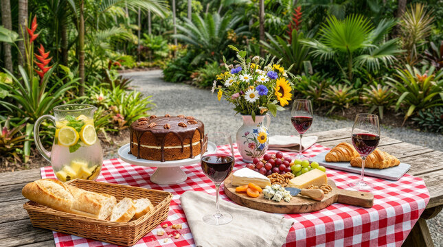 Outdoor garden picnic table with chocolate cake, cheeses, wine, bread, and flowers on a sunny day.