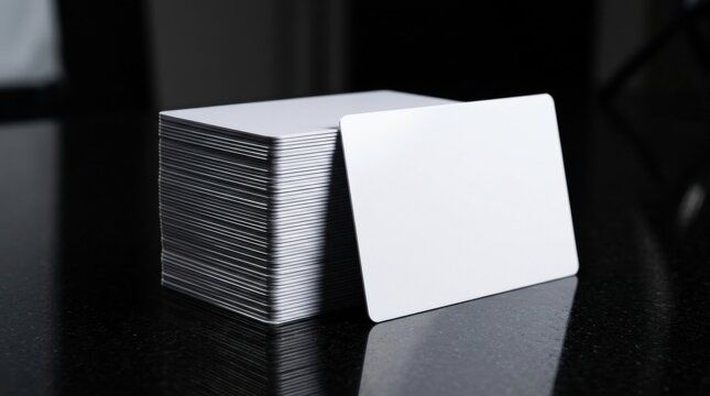 Minimalist white business card mockup on black surface, stack of blank paper cards for branding, professional stationery template for corporate identity