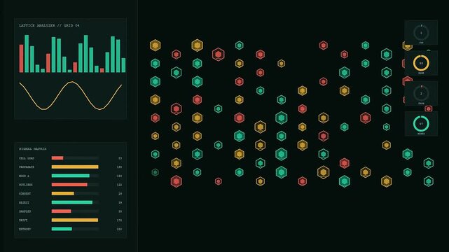 A digital sentiment analysis dashboard displays hexagonal node networks alongside bar charts and oscillating frequency curves in a dark environment with teal and yellow neon glow
