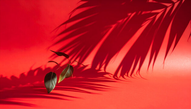 A vibrant red backdrop hosts the delicate shadow of a palm frond. Small leaves add detail to the bottom