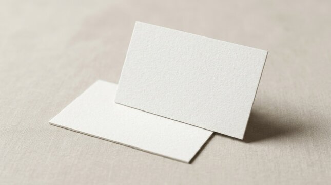 Minimalist business card mockup on textured paper, blank white stationery cards for branding identity, clean professional calling card template