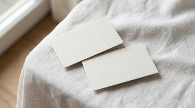 Minimalist business card mockup on white linen fabric, blank stationery cards with organic paper texture, elegant aesthetic branding template