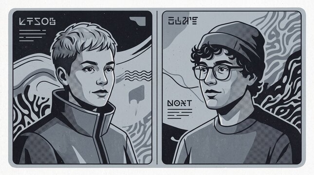 Retro futuristic character portraits, monochrome comic style avatar set, stylized man and woman tech profile illustrations