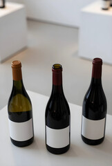 Obraz premium Three wine bottles with blank labels, including red and white varieties, for branding and product display