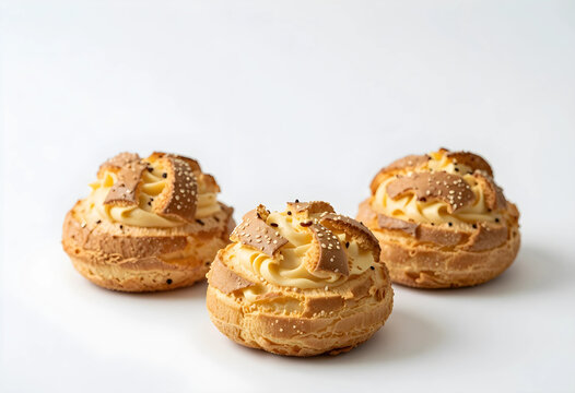 Three cream puffs with sesame seeds and chocolate sprinkles on a white background, sweet dessert pastry, These sweet desserts are arranged on a clean white background