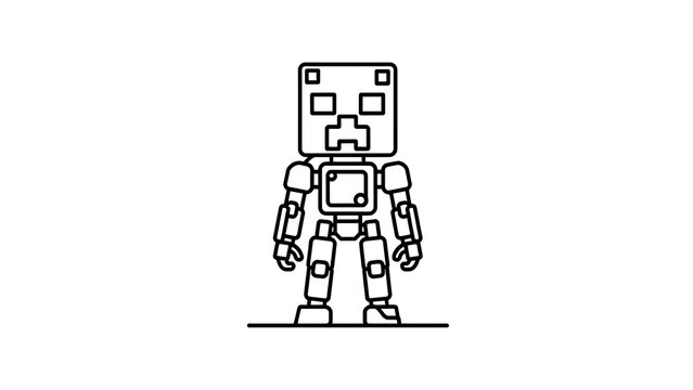 Pixel art robot character on white background.