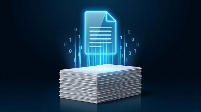 Digital document scanning and digitization process transforming paper stack into glowing binary data file