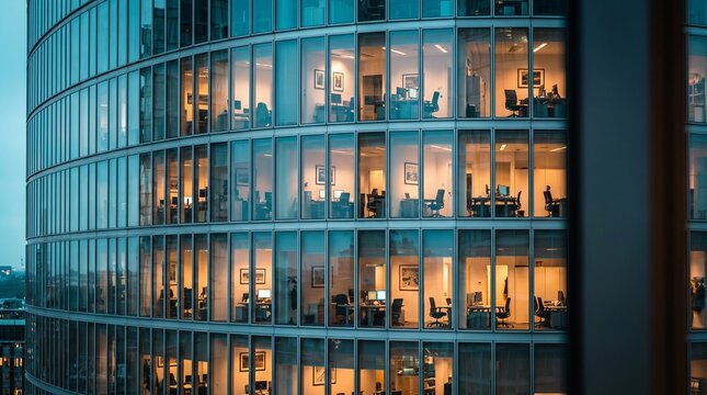 Captivating shot of a modern office building facade at dusk, showcasing brightly lit interiors against the twilight sky