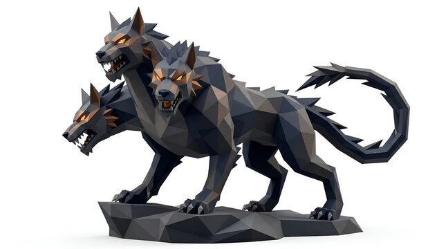3D low-poly illustration of a dark grey Cerberus isolated on a white background