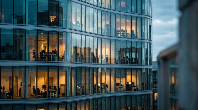 Modern Glass Office Building Exterior During Evening Hours With Busy Employees Working Inside Open Plan Workspace