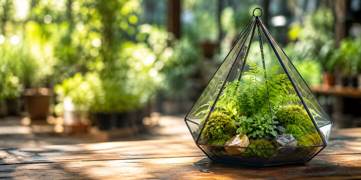 Geometric Glass Terrarium with Lush Green Ferns and Moss