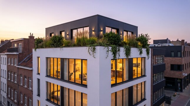 Stunning modern architectural building featuring a lush rooftop garden with vibrant greenery, showcasing contemporary design and urban elegance during a beautiful sunset