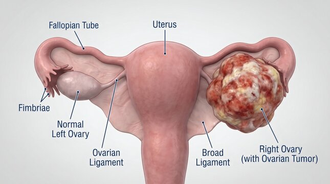 Anatomical illustration of a human uterus with a tumor on the right ovary and fimbriae on the fallopian tube.