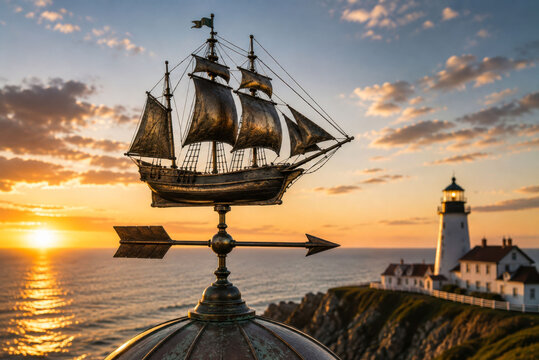Antique Bronze Sailing Ship Wind Vane Above Coastal Lighthouse at Golden Hour