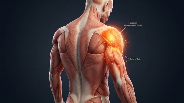 Anatomical illustration of human shoulder muscles with highlighted pain and inflammation.