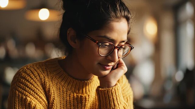 Thoughtful young woman wearing glasses working in a cozy cafe. 4K Video