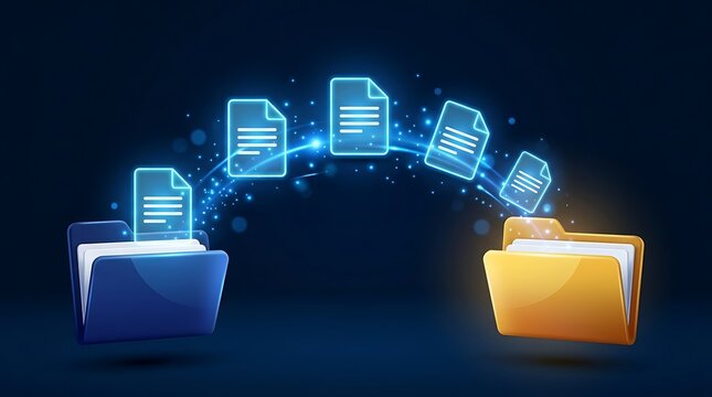 Digital document transfer between blue and yellow folders with glowing light trail representing data migration