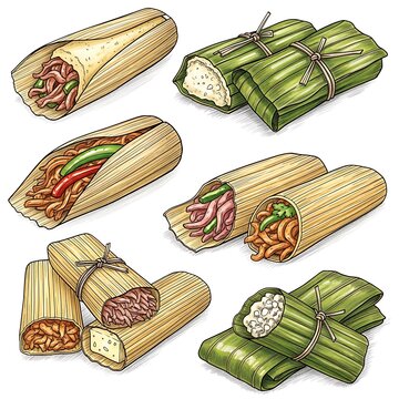 Assorted traditional tamales wrapped in corn husks and leaves