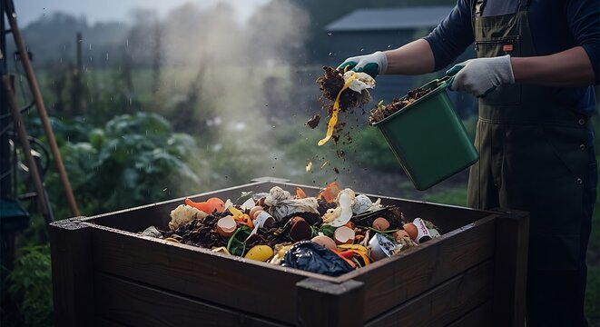 Person emptying food waste into a garden compost bin